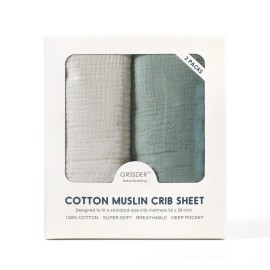 GRSSDER Soft Muslin Crib Sheet 2 Pack, 100% Cotton Crib Sheets for Boys and Girls, Fit Standard Crib Mattresses 52 x 28 Safe and Snug, Light Gray/Roman Green