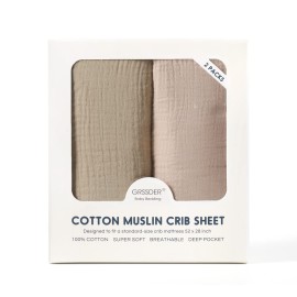 GRSSDER Soft Muslin Crib Sheet 2 Pack, 100% Cotton Crib Sheets for Boys and Girls, Fit Standard Crib Mattresses 52 x 28 Safe and Snug, Natural/Taupe