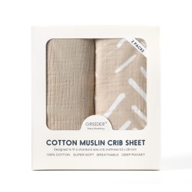 GRSSDER Soft Muslin Crib Sheet 2 Pack, 100% Cotton Crib Sheets for Boys and Girls, Fit Standard Crib Mattresses 52 x 28 Safe and Snug, Taupe/Stripe