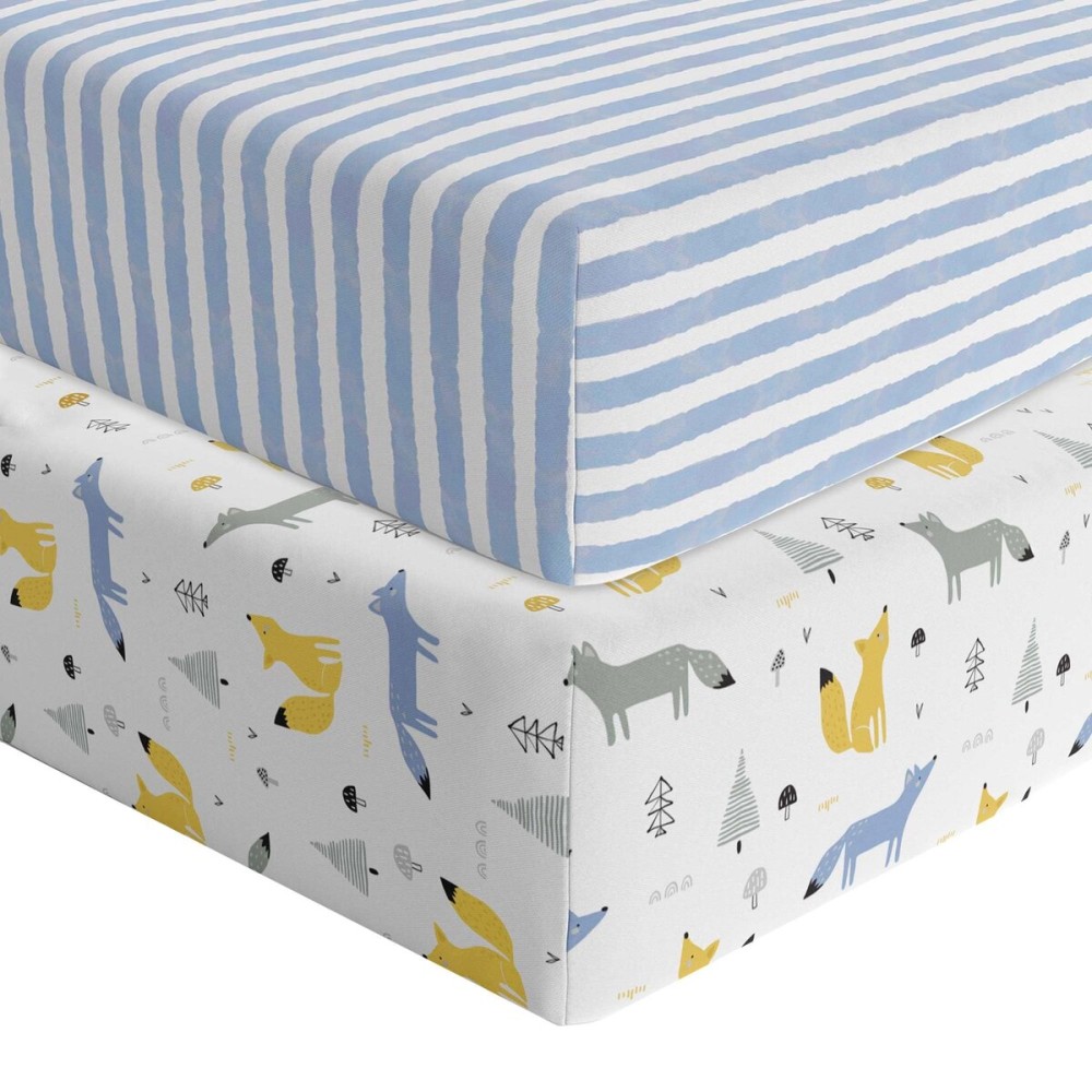 Featherhead 2-Pack Fitted Crib Sheets - 100% Cotton - 52 x 28 x 9 for Standard Crib and Toddler Mattress (Jersey Blue Foxes)