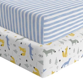 Featherhead 2-Pack Fitted Crib Sheets - 100% Cotton - 52 x 28 x 9 for Standard Crib and Toddler Mattress (Jersey Blue Foxes)