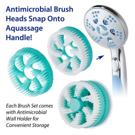 Hotel Spa 3-pc. Brush Head Set for Aquassage Hydrotherapy Hand Shower - Soft Bristle Body Brush, De-tangling Hair Brush, Wall Holder. 100% Hygienic Material to Eliminate Odors, Scum & Biofilm Buildup.