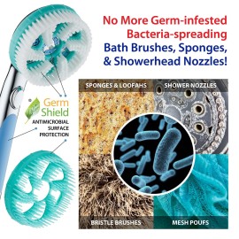 Hotel Spa 3-pc. Brush Head Set for Aquassage Hydrotherapy Hand Shower - Soft Bristle Body Brush, De-tangling Hair Brush, Wall Holder. 100% Hygienic Material to Eliminate Odors, Scum & Biofilm Buildup.