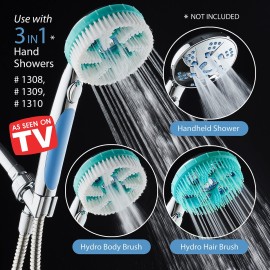 Hotel Spa 3-pc. Brush Head Set for Aquassage Hydrotherapy Hand Shower - Soft Bristle Body Brush, De-tangling Hair Brush, Wall Holder. 100% Hygienic Material to Eliminate Odors, Scum & Biofilm Buildup.