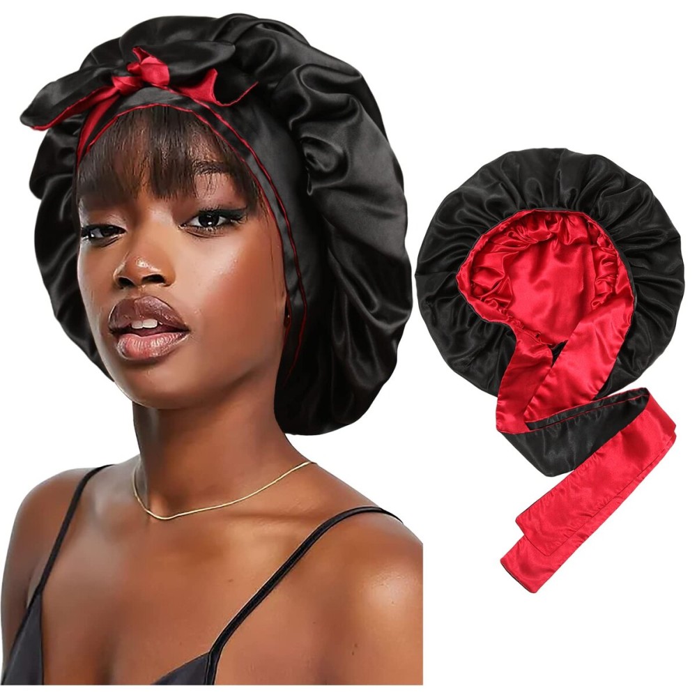 Satin Bonnet Silk Sleep Cap Hair Bonnets for Black Women Stretchy Tie Band for Curly Hair Wrap(Black+Red)