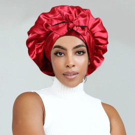 Satin Bonnet Silk Sleep Cap Hair Bonnets for Black Women Stretchy Tie Band for Curly Hair Wrap(Black+Red)
