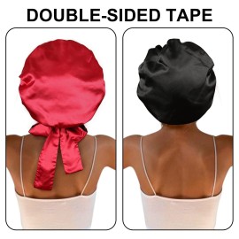 Satin Bonnet Silk Sleep Cap Hair Bonnets for Black Women Stretchy Tie Band for Curly Hair Wrap(Black+Red)