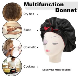 Satin Bonnet Silk Sleep Cap Hair Bonnets for Black Women Stretchy Tie Band for Curly Hair Wrap(Black+Red)