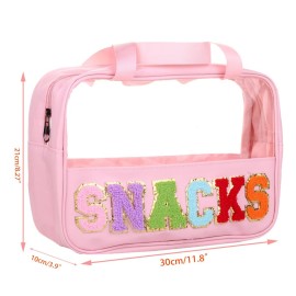 CRUOXIBB Chenille Letter Clear PVC And PU leather Large Travel Cosmetic Toiletry Storage Bag Waterproof Makeup Tote Bag Organizer Bag for Women(SNACKS-Pink) CRUOXIBB Chenille Letter Clear PVC And PU leather Large Travel Cosmetic Toiletry Storage Bag Waterproof Makeup Tote Bag Organizer Bag for Women(SNACKS-Pink)