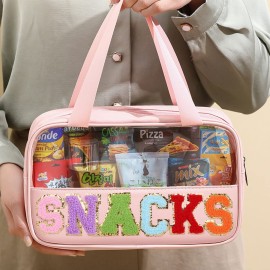 CRUOXIBB Chenille Letter Clear PVC And PU leather Large Travel Cosmetic Toiletry Storage Bag Waterproof Makeup Tote Bag Organizer Bag for Women(SNACKS-Pink) CRUOXIBB Chenille Letter Clear PVC And PU leather Large Travel Cosmetic Toiletry Storage Bag Waterproof Makeup Tote Bag Organizer Bag for Women(SNACKS-Pink)