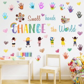 Colorful Inspirational Saying Wall Decals Kids Motivational Wall Stickers Small Hands Decals Nursery Decor Change The World Handprints Art Murals for Kids Room Classroom Decor