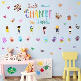 Colorful Inspirational Saying Wall Decals Kids Motivational Wall Stickers Small Hands Decals Nursery Decor Change The World Handprints Art Murals for Kids Room Classroom Decor