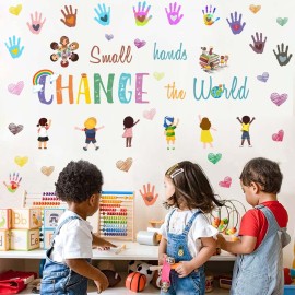 Colorful Inspirational Saying Wall Decals Kids Motivational Wall Stickers Small Hands Decals Nursery Decor Change The World Handprints Art Murals for Kids Room Classroom Decor