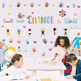 Colorful Inspirational Saying Wall Decals Kids Motivational Wall Stickers Small Hands Decals Nursery Decor Change The World Handprints Art Murals for Kids Room Classroom Decor