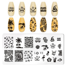 XEAOHESY 6pcs Seaside Scenery Nail Stamping Plate Nail Stamping Kit for Nails Summer Beach Coconut Trees Sunset Waves Sea Animals Image Plates Nail Stamper Kit Nail Stamping Plates for Nails