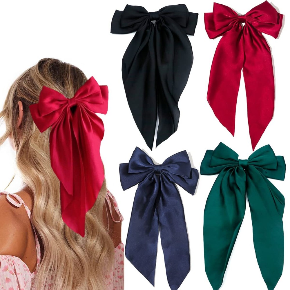 4 Pieces Silky Satin Hair Bows Ribbon Hair Barrettes Clip Large Bow Hair Slides Metal Clips French Barrette Long Tail Hair Accessories Hairpin for Women Girls(Red, Black, Dark green, Navy blue)