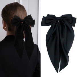 4 Pieces Silky Satin Hair Bows Ribbon Hair Barrettes Clip Large Bow Hair Slides Metal Clips French Barrette Long Tail Hair Accessories Hairpin for Women Girls(Red, Black, Dark green, Navy blue)