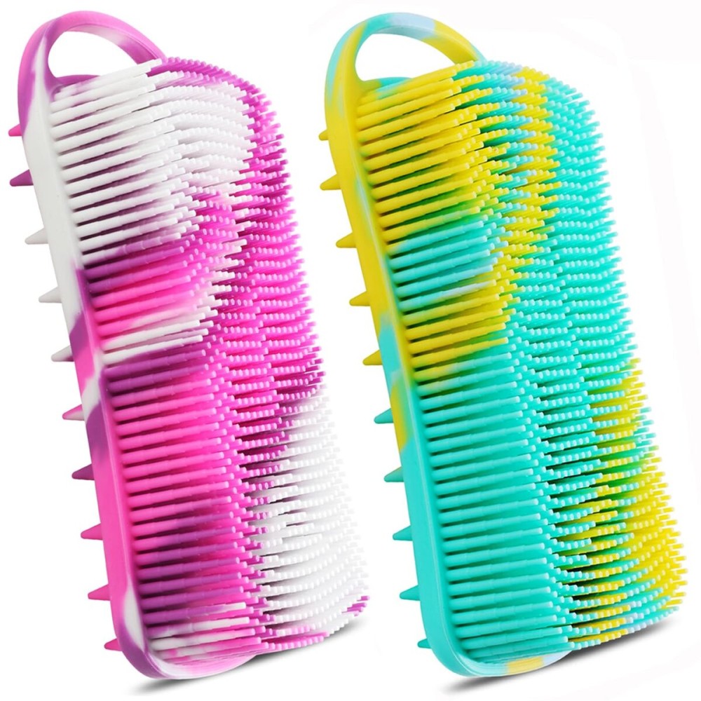 YEALIFE Silicone Body Scrubber, 2 in 1 Body Brush & Hair Scalp Brush for Shower and Bath, Easy Clean, Lathers Well, Stimulating Blood Circulation More Hygienic Than Loofah,Women Men.Purple,Green