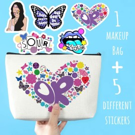Azteoiz Rodrigo Sour OR Makeup Bag Gift Sour Album Cosmetic Bag 5pcs Stickers Musical Lyrics Fans Gift Makeup Zipper Pouch Bag For Women Girls Music Singer Song Gift