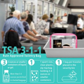 F-color 3 Pack Toiletry Bags for Travel - TSA Approved Clear Quart Size Cosmetic Bag, Matte Rose Red(for age 12 or above)