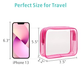 F-color 3 Pack Toiletry Bags for Travel - TSA Approved Clear Quart Size Cosmetic Bag, Matte Rose Red(for age 12 or above)