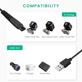 Charger Cord Replacement for Skull Shaver Pitbull Gold Pro, Palm, Platinum Electric Razor - USB Cable 2-Pack Charger Cord Replacement for Skull Shaver Pitbull Gold Pro, Palm, Platinum Electric Razor - USB Cable 2-Pack