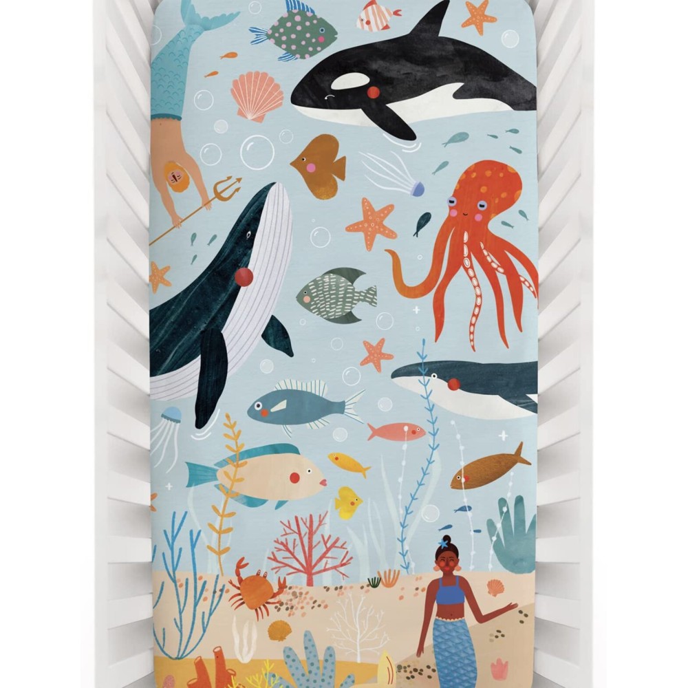 Rookie Humans 100% Cotton Sateen Fitted Crib Sheet: Beyond The Reef. Modern Nursery, Use as a Photo Background for Your Baby Pictures. Standard Crib Size (52 x 28 inches)