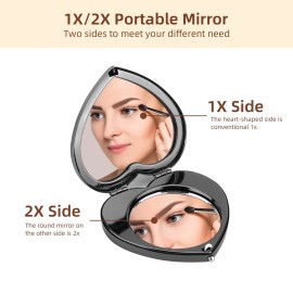 EYIDADAE Mini Vintage Heart Elegant Metall Makeup Mirror, Portable 1X/2X Magnifier (Black)