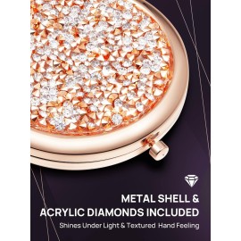 OMIRO 1X/10X Magnifying Compact Mirror, Mini Mix Diamond Metal Pocket Makeup Mirror (Rose Gold)