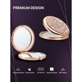 OMIRO 1X/10X Magnifying Compact Mirror, Mini Mix Diamond Metal Pocket Makeup Mirror (Rose Gold)