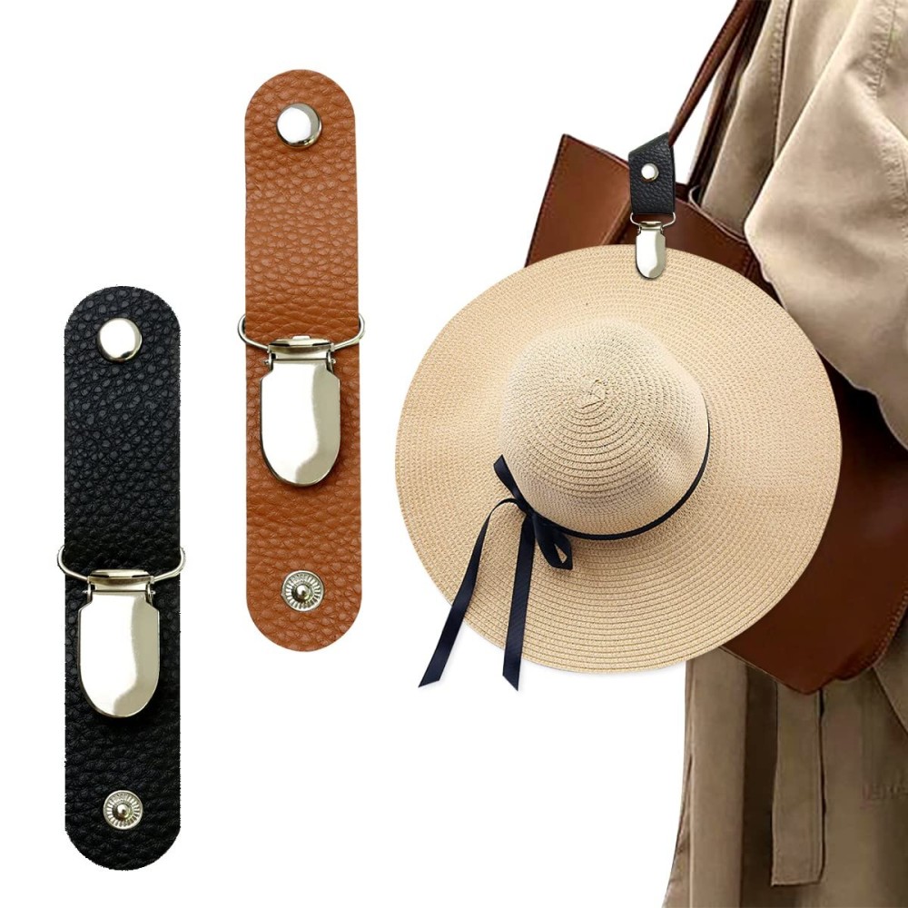 Hat Clip for Travel on Bag/Luggage, PU Leather Multifunctional Duckbill Clip, Outdoor Hat Companion-Black&Brown