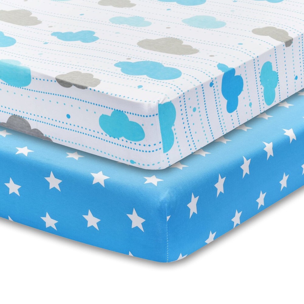 2 Pack Fitted Crib Sheets for Boys in 100% Jersey Knit Cotton -Boys Crib Mattress Sheets in Celestial Themes - Blue with White Stars and White with Blue and Gray Clouds by Everyday Kids