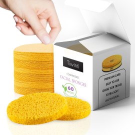 TiwinTi 60 Count Compressed Facial Sponges - Natural Wood Pulp Round Esthetician Face Sponges for Cleansing, Daily Face Washing, Exfoliating Makeup, and Mask Removal (Yellow) TiwinTi 60 Count Compressed Facial Sponges - Natural Wood Pulp Round Esthetician Face Sponges for Cleansing, Daily Face Washing, Exfoliating Makeup, and Mask Removal (Yellow)