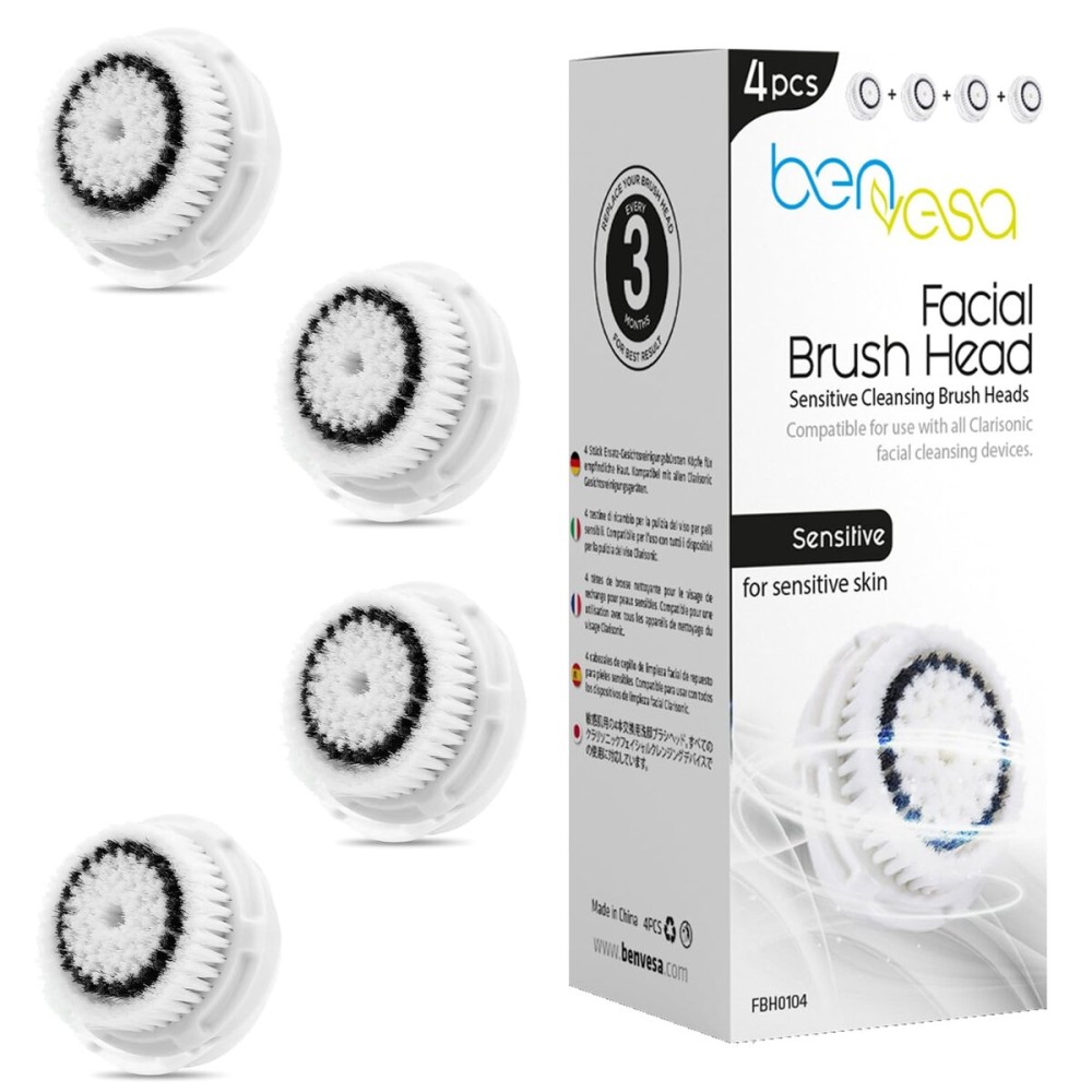 benvesa Sensitive Replacement Brush Heads - Compatible with Clarisonic Mia 1, Mia 2, Mia Fit, Alpha Fit, Smart Profile Uplift - 4 Pack