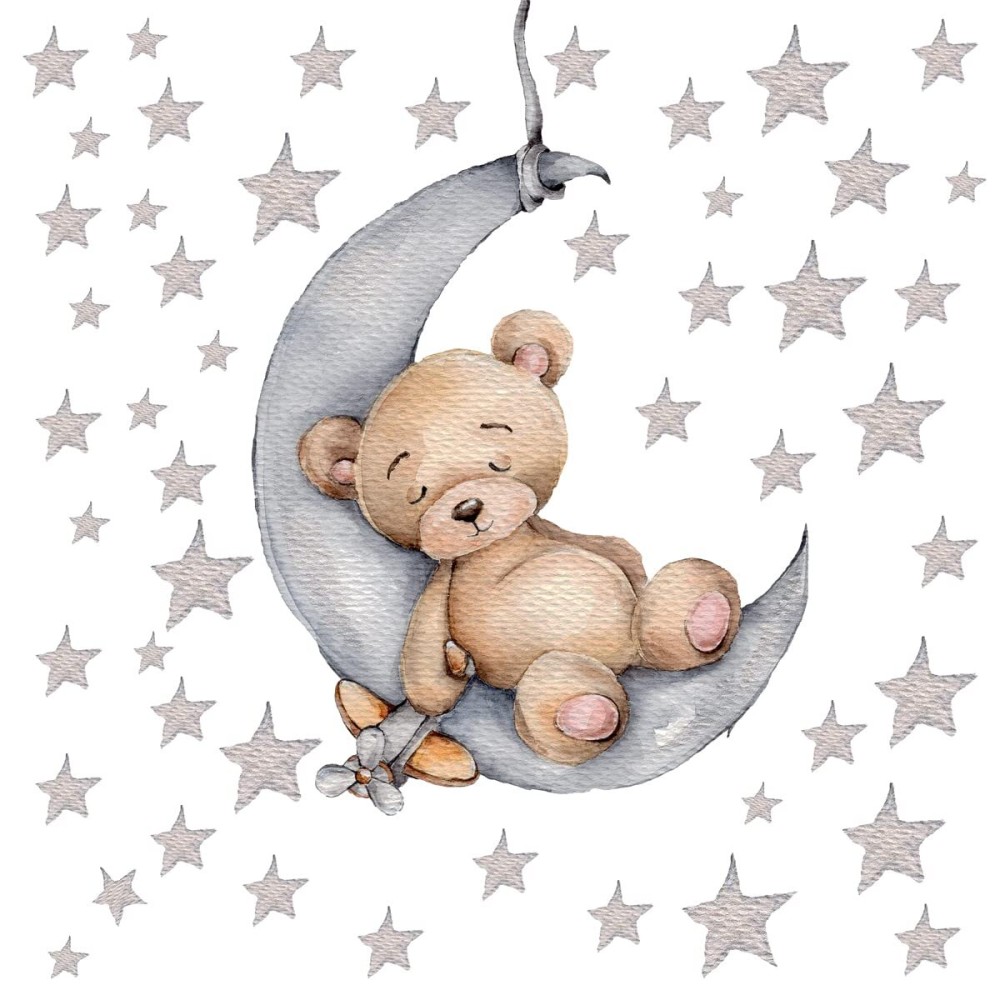 DEKOSH Teddy Bear Sleeping on The Moon Nursery Wall Decal with 90 Stars - Cute & Adorable Baby Nursery Decor