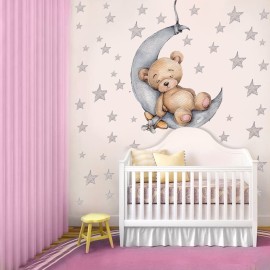 DEKOSH Teddy Bear Sleeping on The Moon Nursery Wall Decal with 90 Stars - Cute & Adorable Baby Nursery Decor
