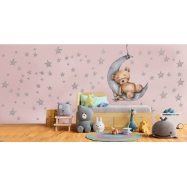 DEKOSH Teddy Bear Sleeping on The Moon Nursery Wall Decal with 90 Stars - Cute & Adorable Baby Nursery Decor