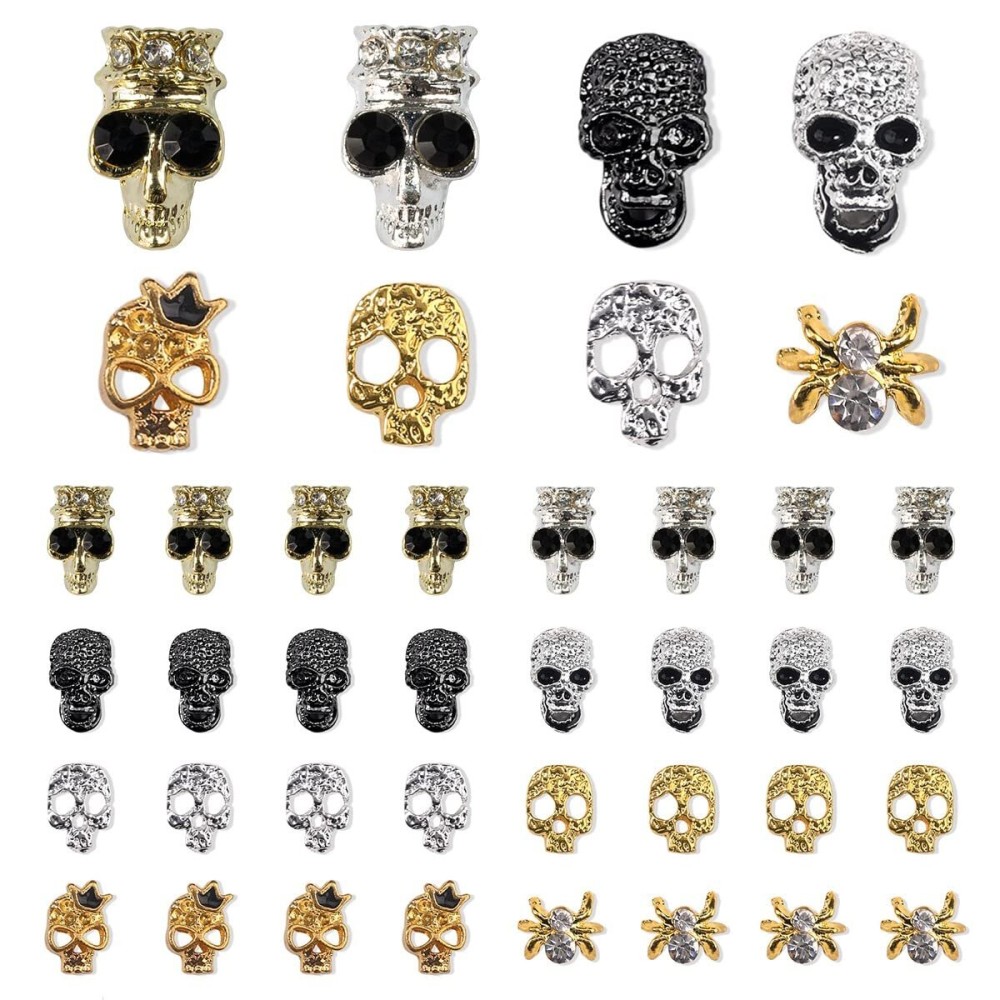40 Pcs Punk Nail Art Skull Nail Charms 3D Spider Nail Studs w Rhinestones Metal Punk Vintage Alloy Skeleton Nail Sticker Jewelry Nail Design Glitters Cool for Nails Makeup Cellphone Halloween Cosplay