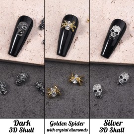 40 Pcs Punk Nail Art Skull Nail Charms 3D Spider Nail Studs w Rhinestones Metal Punk Vintage Alloy Skeleton Nail Sticker Jewelry Nail Design Glitters Cool for Nails Makeup Cellphone Halloween Cosplay