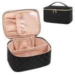 OCHEAL Portable Cosmetic Bag For Women, Large Capacity Travel Makeup Case Organizer, Rhombus Black, Toiletry Bag for Girls Traveling With Handle and Divider