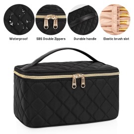OCHEAL Portable Cosmetic Bag For Women, Large Capacity Travel Makeup Case Organizer, Rhombus Black, Toiletry Bag for Girls Traveling With Handle and Divider