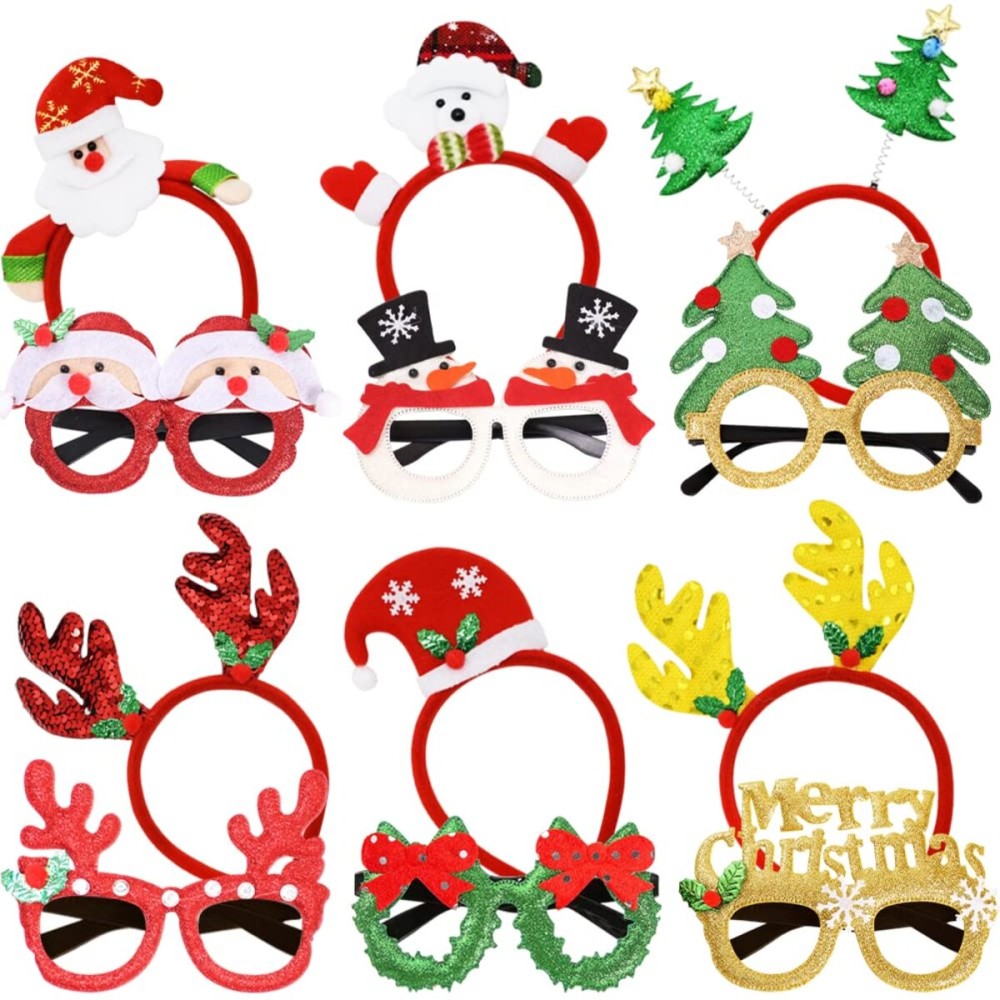 12PCS Christmas Headbands and Glasses Frames, Christmas Party Glittered Glasses Frame and Christmas Holiday Headbands for Christmas Party Favors Supplies Xmas Party, Holiday Favors and Photo Booth