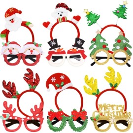 12PCS Christmas Headbands and Glasses Frames, Christmas Party Glittered Glasses Frame and Christmas Holiday Headbands for Christmas Party Favors Supplies Xmas Party, Holiday Favors and Photo Booth
