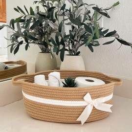 CHICVITA Small Woven Rope Gift Basket, Baby Nursery Storage Baskets for Towels, Snacks, Toys, Diapers, Rectangle Shelf Baskets for Bathroom, Cute Brown Basket, 13 x 9.8 x 5 inches
