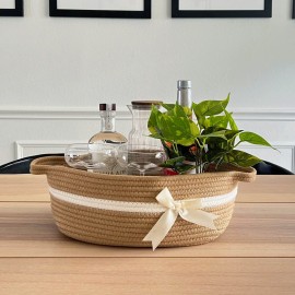 CHICVITA Small Woven Rope Gift Basket, Baby Nursery Storage Baskets for Towels, Snacks, Toys, Diapers, Rectangle Shelf Baskets for Bathroom, Cute Brown Basket, 13 x 9.8 x 5 inches