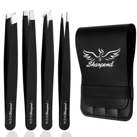 Sharpend Tweezer Set 4 Pieces - Professional Stainless Steel Tweezers Slant Tip Tweezers for Eyebrows Precision tweezers for Facial Hair,Splinter and Ingrown Hair Tweezers for Women & Men