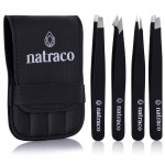 Natraco Tweezer Set - Slanted & Pointed Stainless Steel Professional Tweezers for Eyebrows - Sharp Precision for Facial Hair, Splinters, and Tick Remover - 4 Pack, Black