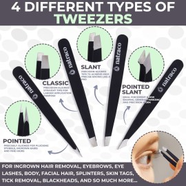 Natraco Tweezer Set - Slanted & Pointed Stainless Steel Professional Tweezers for Eyebrows - Sharp Precision for Facial Hair, Splinters, and Tick Remover - 4 Pack, Black