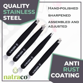 Natraco Tweezer Set - Slanted & Pointed Stainless Steel Professional Tweezers for Eyebrows - Sharp Precision for Facial Hair, Splinters, and Tick Remover - 4 Pack, Black