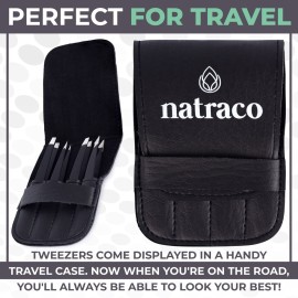 Natraco Tweezer Set - Slanted & Pointed Stainless Steel Professional Tweezers for Eyebrows - Sharp Precision for Facial Hair, Splinters, and Tick Remover - 4 Pack, Black